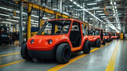 Red Electric Vehicles in a Modern Factory