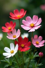Fototapeta premium Blooming cosmos flowers in a garden with red and white petals, floral, botanical