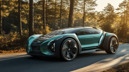 Stunning Teal Concept Car in a Forest Landscape