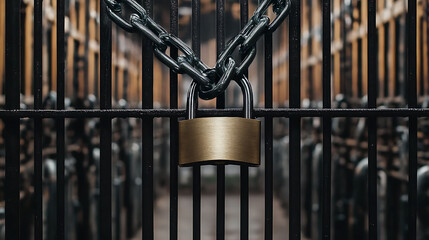 A sturdy brass padlock secures a dark metal gate, creating a powerful visual of security and protection.