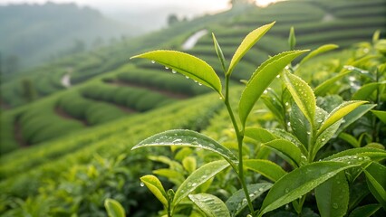 Close up view of young upper fresh bright green tea leaves at tea plantation