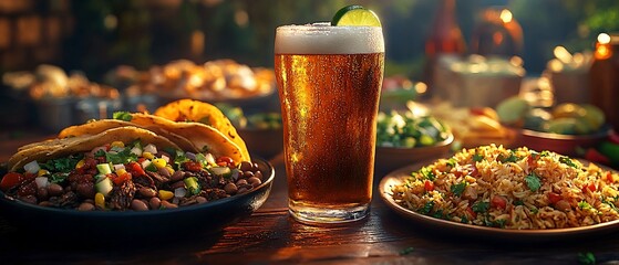 Table with food and drink in sunlight, with blurry background for party or event