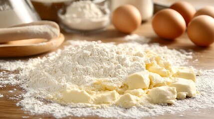 Fototapeta premium A chef mixing powdered milk into dough for baking, with ingredients like flour and eggs on the countertop