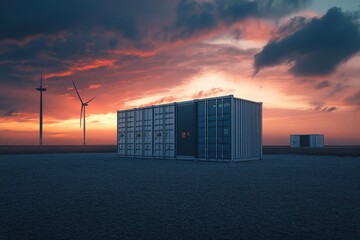 renewable energy storage solution with wind turbines and shipping containers at sunset