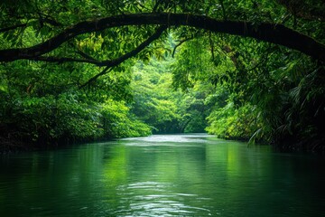 Lush green jungle with vines hanging from the trees and a river winding through, the scene vibrant and full of life, inviting exploration