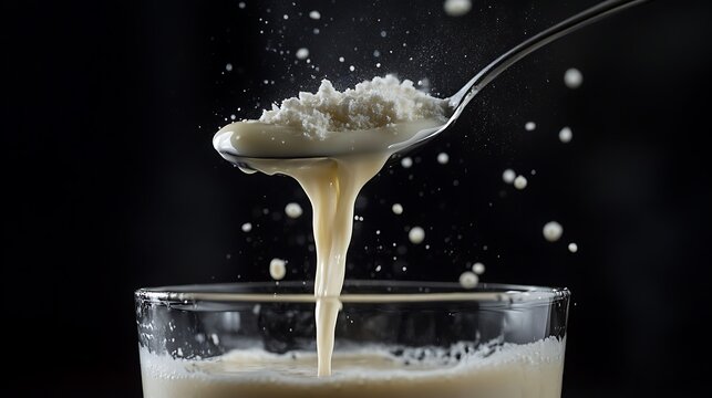 A spoonful of smooth powdered milk being poured into a glass of warm water, creating a creamy mixture - Powered by Adobe