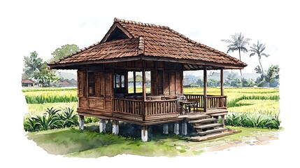 Watercolor Painting of a Traditional Wooden House in a Rice Paddy Field.
