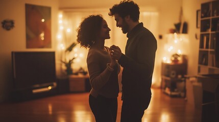 Silhouette of a couple dancing intimately in a dimly lit living room.