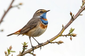 Fototapeta premium Bluethroat on a single bare twig on a branch, bird on single twig, bluethroat luscinia svecica bird twig single, luscinia svecica twig, winter bird branch, bluethroat bird twig