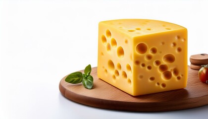 Yellow cheese block with holes isolated on white background