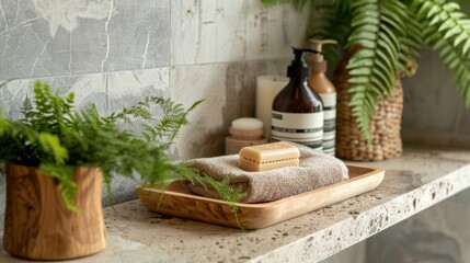 Natural Bathroom Decor with Wooden Tray