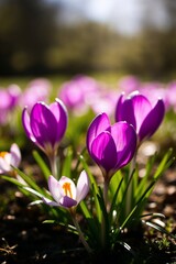 Blooming crocuses in vibrant purple and white colors under soft sunlight, copy space