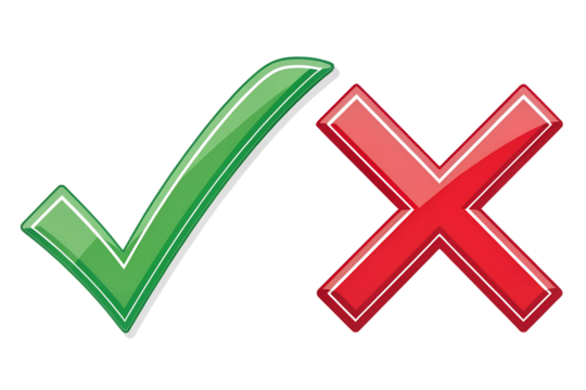 Green check mark and red cross sign no background in PNG format.