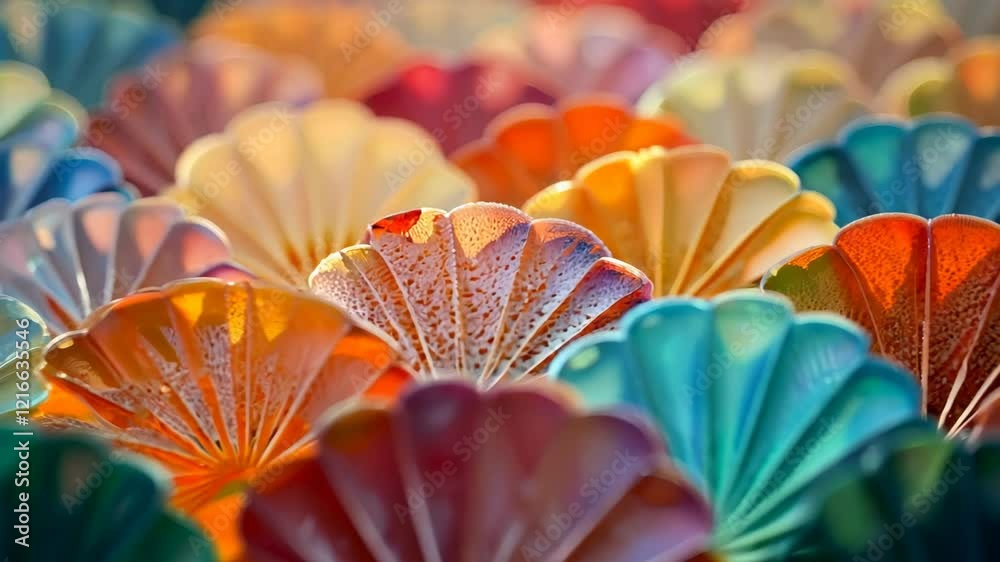 Poster A close up of a colorful array of flower shaped objects. The objects are in various colors and sizes