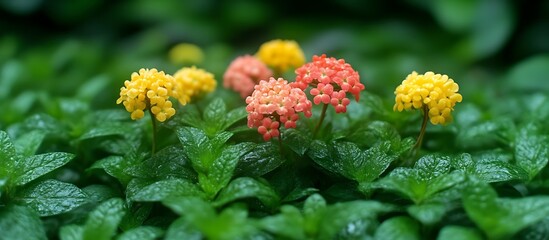 Vibrant Yellow and Coral Flowers in Lush Green Foliage: A Serene Garden Scene