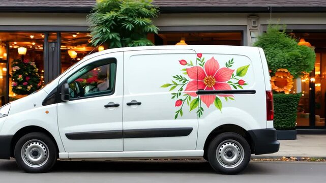 A white van with a flower design on the side. The van is parked on the street. There are several potted plants in the background