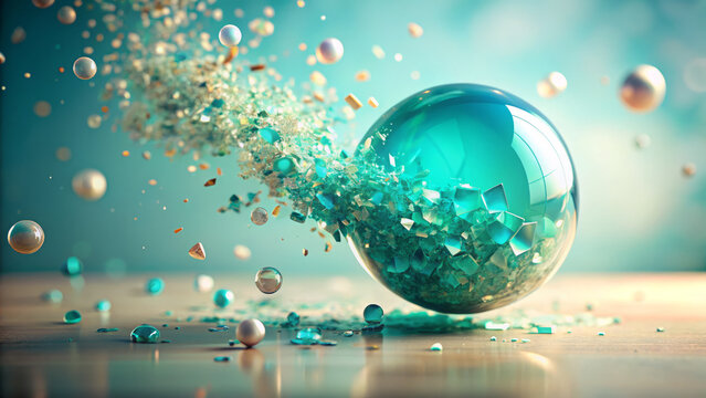 Joyful turquoise orb with playful decomposition and abstract floating art