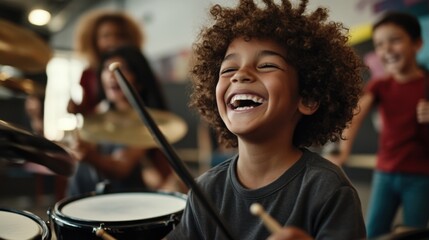 a young child laughs while playing the drums in a music class
