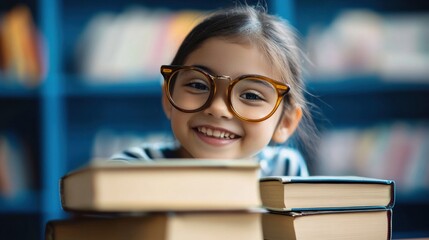 Child with glasses smiling while studying in a library surrounded by books during daytime