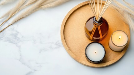 Obraz premium Scented candle alongside reed diffusers in a minimalist amber glass jar, perfectly arranged with pampas grass on a wooden tray