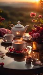 Fototapeta premium Elegant tea presentation displayed on a charming balcony, surrounded by rose petals and fruits while enjoying a serene sunset view.