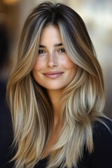 Fototapeta premium Portrait of a smiling woman with long, flowing hair, captured in a softly lit environment, showcasing natural beauty and confidence in a relaxed setting during daytime