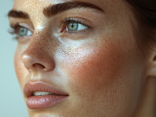 Naklejka premium Close-up of a young woman with glowing skin and striking features, showcasing natural beauty in soft lighting at an indoor setting