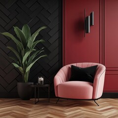 pink armchair in a modern living room with black herringbone wall