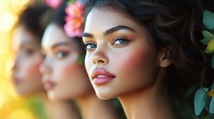 Obraz premium Beautiful model with vibrant makeup and flowers in her hair poses in a lush outdoor setting during golden hour with blurred faces of other models softly visible in the background