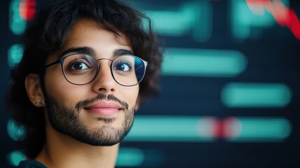 Young man with glasses smiles confidently in a modern workspace filled with digital displays and data graphs in a tech-focused environment
