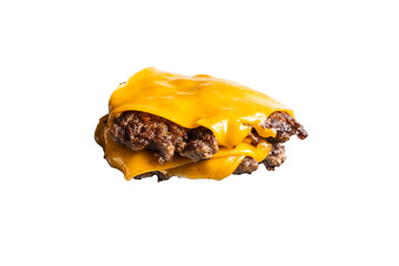 A stack of juicy hamburger patties layered with melted cheddar cheese, isolated on white background