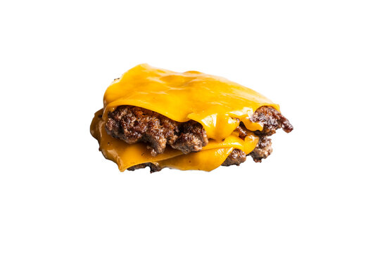 A stack of juicy hamburger patties layered with melted cheddar cheese, isolated on white background