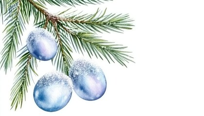 Snow-dusted blue ornaments hanging from a pine branch, showcasing a winter holiday theme in a serene setting
