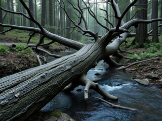 branches and trunk of a fallen tree extending into a forest stream, wood, fallen tree