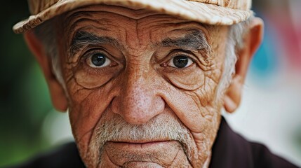 Old man with wise expression wearing a straw hat highlights the beauty of aging in a vibrant outdoor setting