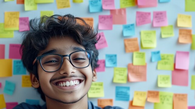 Smiling young boy with glasses in front of colorful sticky notes in a bright learning environment