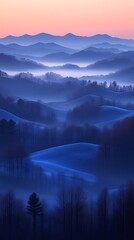 Fototapeta premium Serene Blue Mountains: A Misty Dawn Landscape