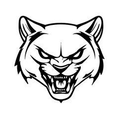 Obraz premium Fierce snarling wildcat head illustration in black and white, perfect for logos, mascots, and graphic design projects. Vector illustration