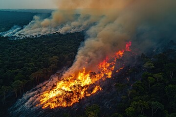 Fires raging through a dense forest landscape during a dry season, causing significant ecological damage and smoke emissions in the atmosphere