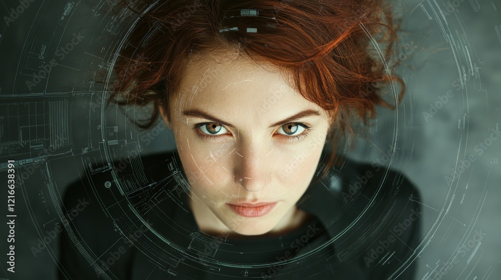 Poster redhead businesswoman wearing a black shirt using a futuristic head up display with holographic styl