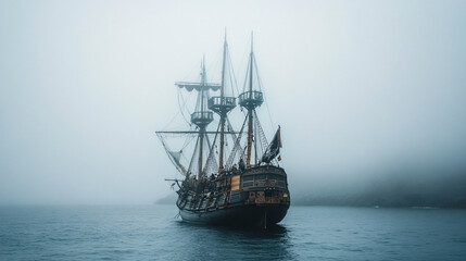 Obraz premium A vintage sailing ship with towering masts sailing in the ocean mist creating a moody and mysterious maritime atmosphere 