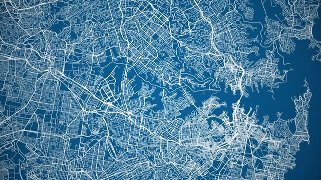 Ink reveal animation of Sydney city, New South Wales, Australia, grid map. Aerial top view. Blueprint style. White lines with blue background. 4K Seamless loop.