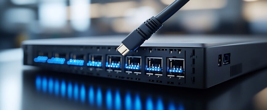 Network switch connection, office background. Data transfer