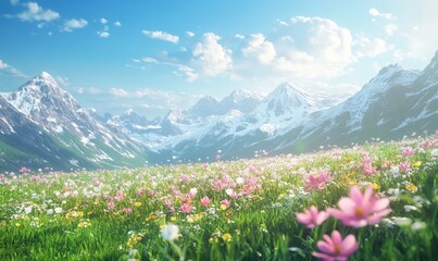 Obraz premium Anime Nature Landscape with Sunlit Meadow, Snowcapped Mountains, and Flowering Fields on a Bright Summer Day, Generative AI