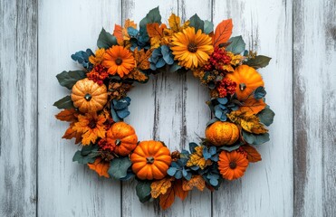 Autumn Wreath with Bright Orange Pumpkins, Vibrant Flowers, and Colorful Foliage on Textured Wooden Background for Seasonal Decoration and Celebrations