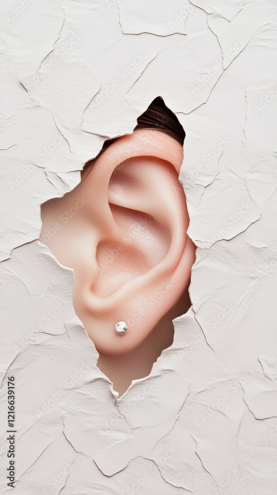 Poster ear adorned with a small, shiny earring peeking through a crack in a light colored wall, symbolizing