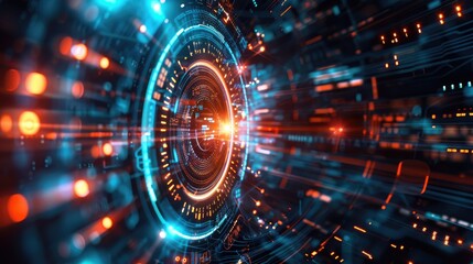 Abstract digital design featuring glowing circular patterns and dynamic light trails.