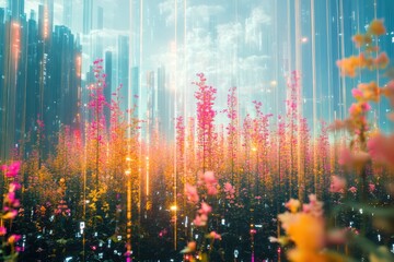 Meadow with integrated technological elements, creating a techno meadow with vibrant and futuristic visuals