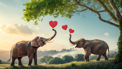 This image portrays a heartwarming and whimsical scene of two elephants in a natural landscape, expressing their affection through heart-shaped balloons. 