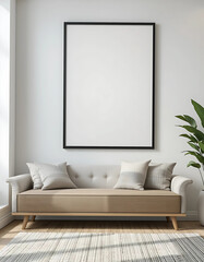Empty frame mockup with a black edge border, ISO A paper size. Living room wall poster empty mockup. Interior scene featuring a house background. Modern interior design setting. Realistic 3D render.